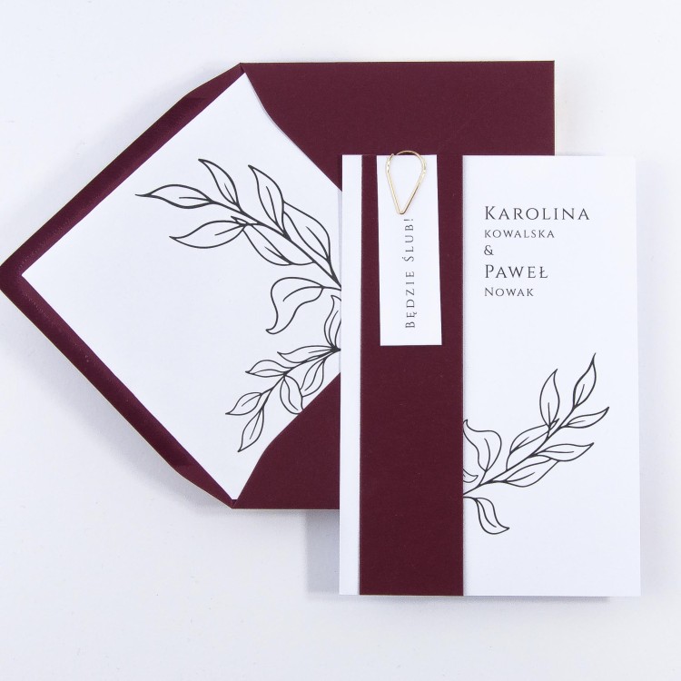 Zaproszenia Ślubne ze spinaczem minimalistyczne liście - Kingdom Burgund